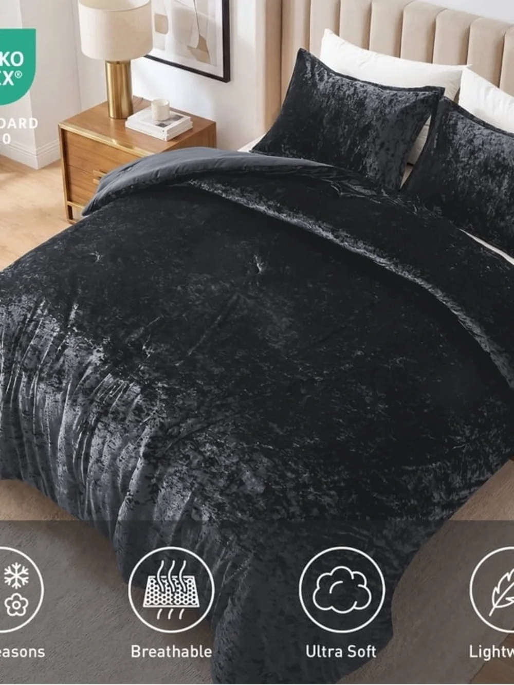 Plush Black Velvet Comforter set king 3 piece set